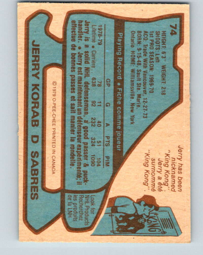 1979-80 O-Pee-Chee #74 Jerry Korab Buffalo Sabres V17404