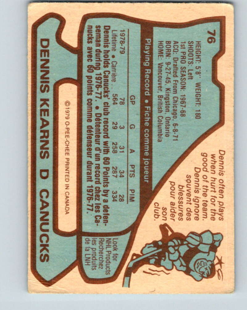 1979-80 O-Pee-Chee #76 Dennis Kearns Vancouver Canucks V17420