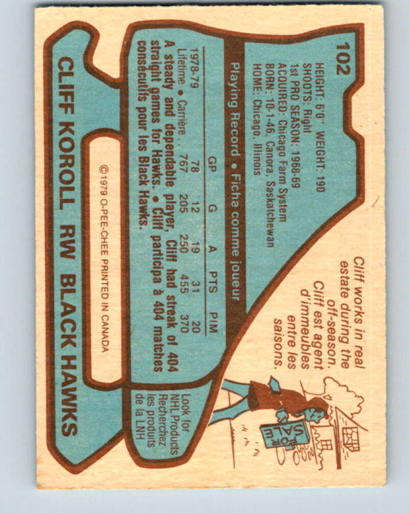 1979-80 O-Pee-Chee #102 Cliff Koroll Chicago Blackhawks V17652