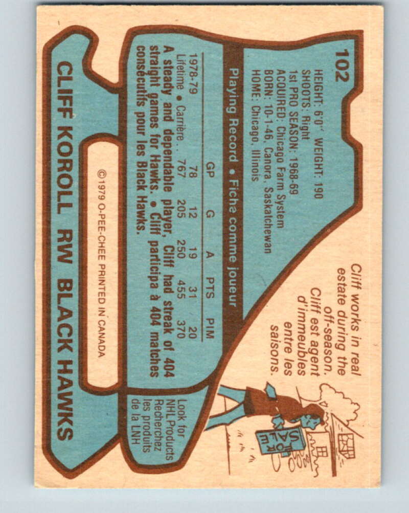1979-80 O-Pee-Chee #102 Cliff Koroll Chicago Blackhawks V17654