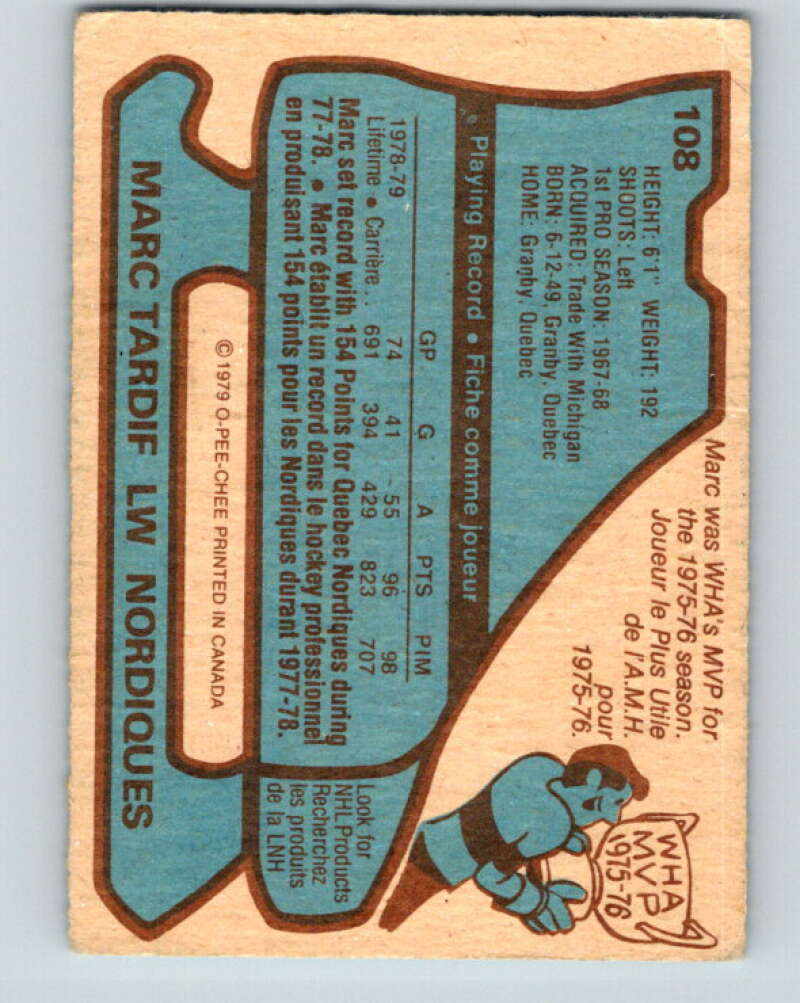 1979-80 O-Pee-Chee #108 Marc Tardif Quebec Nordiques V17708