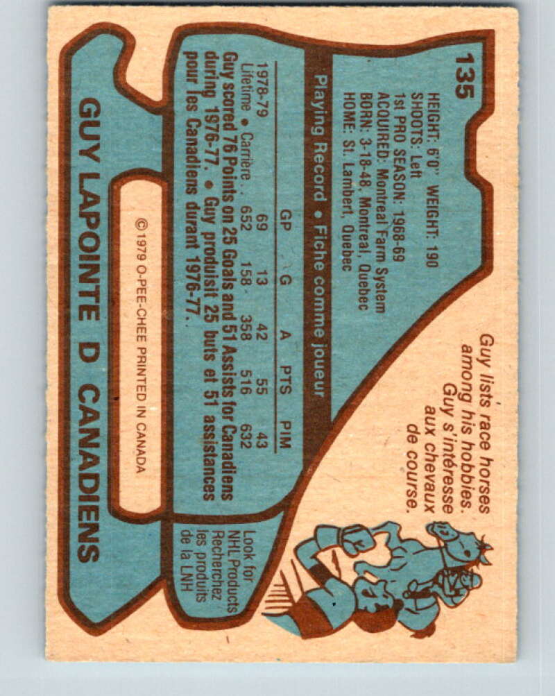 1979-80 O-Pee-Chee #135 Guy Lapointe Montreal Canadiens V17976