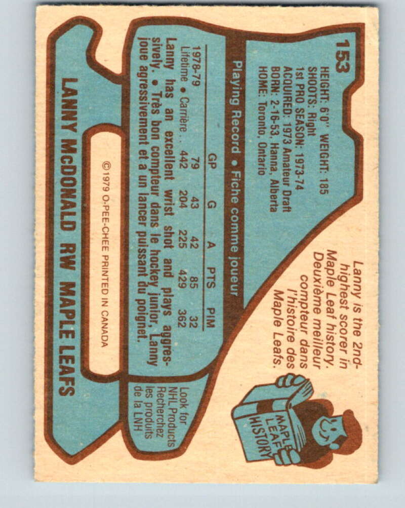 1979-80 O-Pee-Chee #153 Lanny McDonald Toronto Maple Leafs V18133