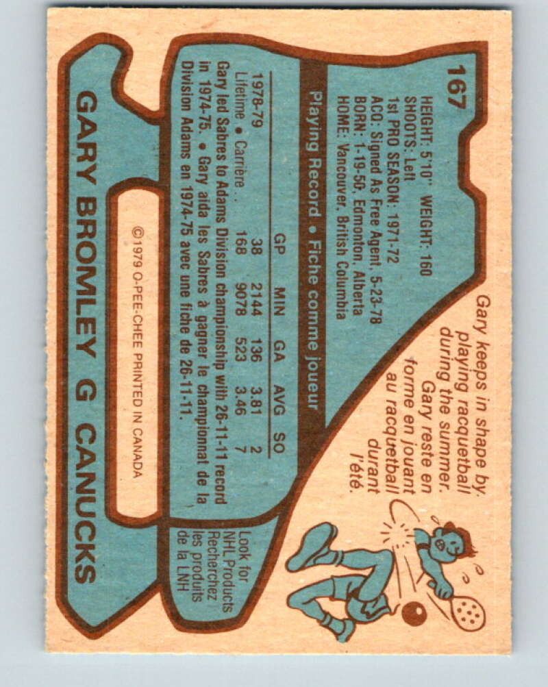 1979-80 O-Pee-Chee #167 Gary Bromley UER Vancouver Canucks V18253