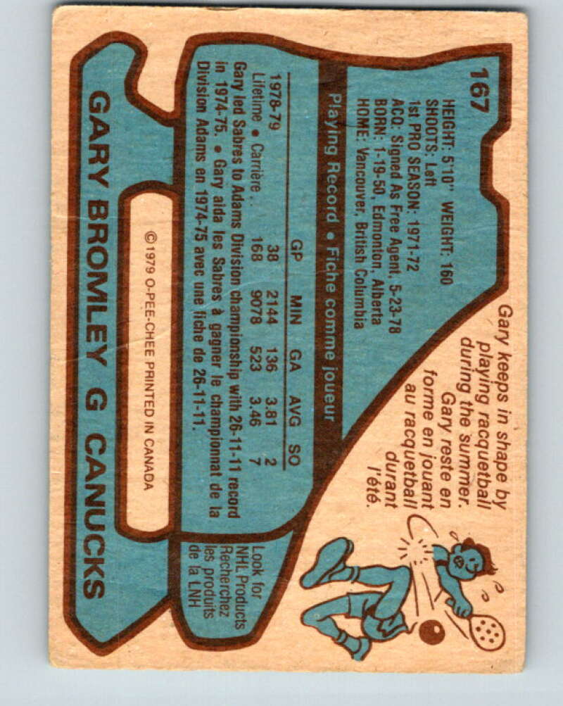 1979-80 O-Pee-Chee #167 Gary Bromley UER Vancouver Canucks V18254