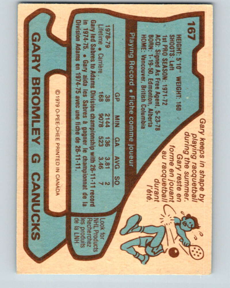 1979-80 O-Pee-Chee #167 Gary Bromley UER Vancouver Canucks V18255