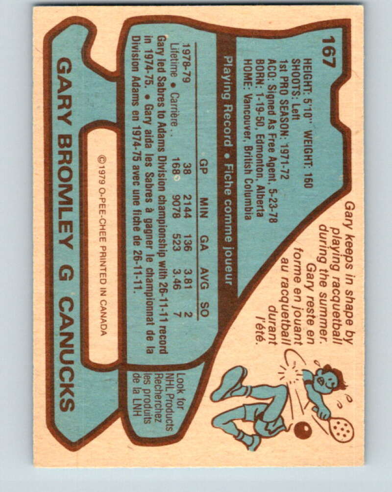 1979-80 O-Pee-Chee #167 Gary Bromley UER Vancouver Canucks V18256