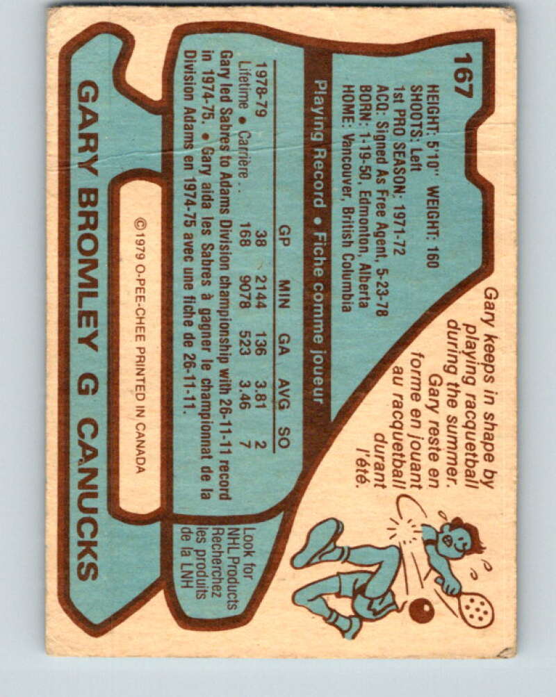 1979-80 O-Pee-Chee #167 Gary Bromley UER Vancouver Canucks V18259