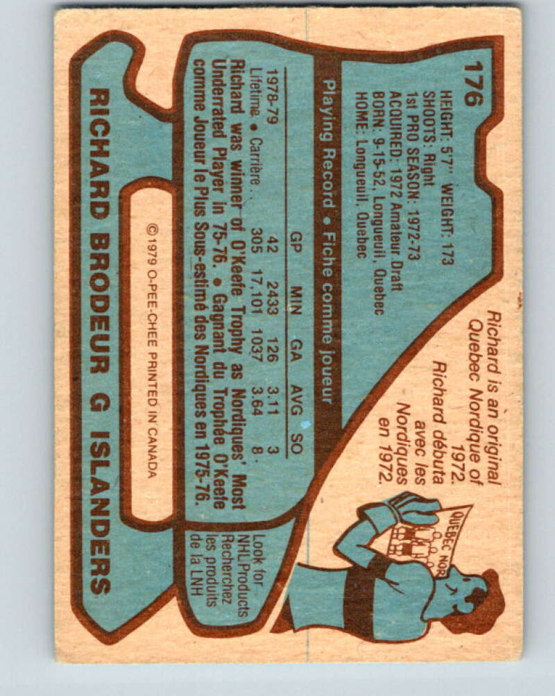1979-80 O-Pee-Chee #176 Richard Brodeur New York Islanders V18362