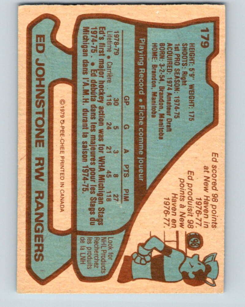 1979-80 O-Pee-Chee #179 Ed Johnstone RC Rookie New York Rangers V18391
