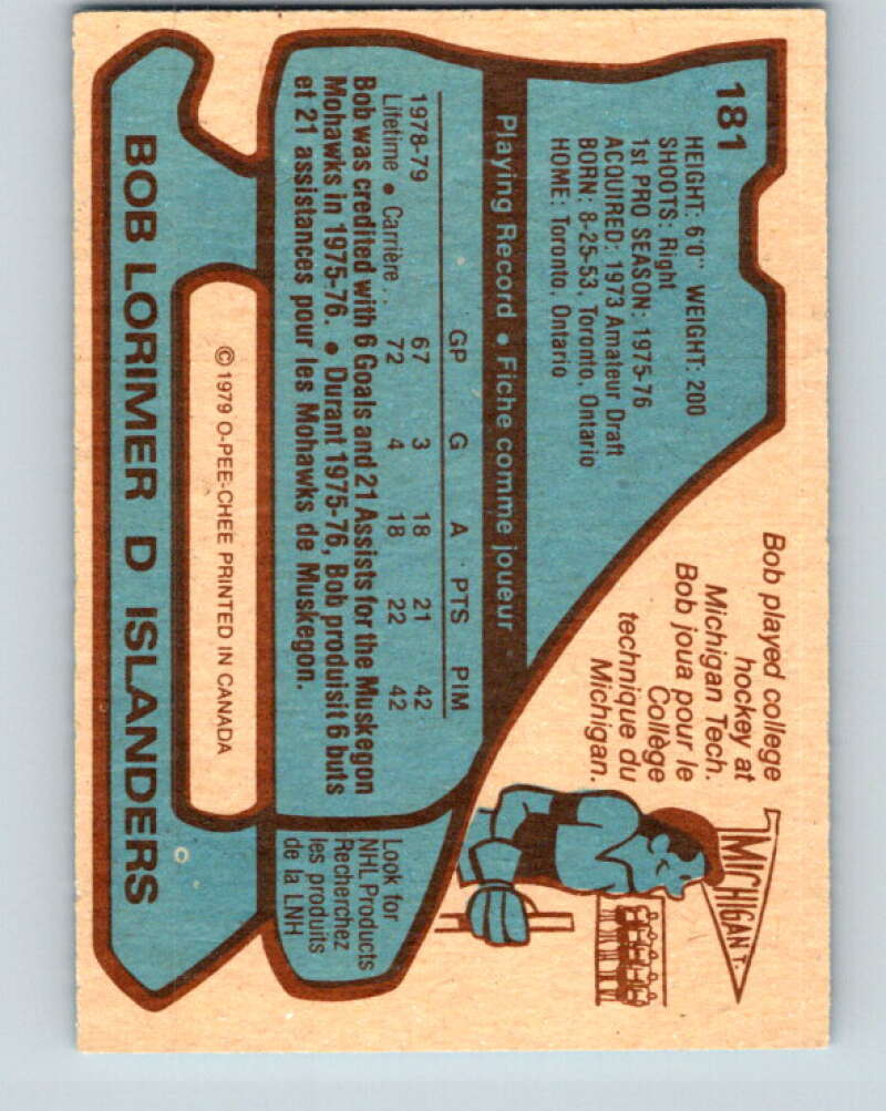 1979-80 O-Pee-Chee #181 Bob Lorimer RC Rookie New York Islanders V18417