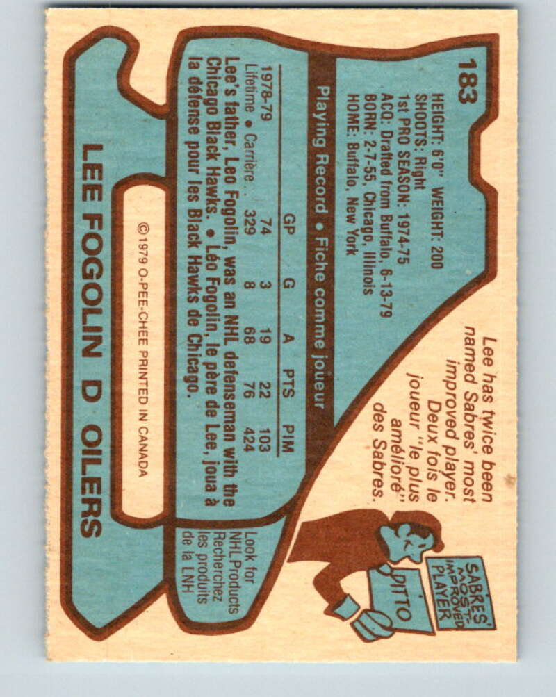 1979-80 O-Pee-Chee #183 Lee Fogolin Edmonton Oilers V18439