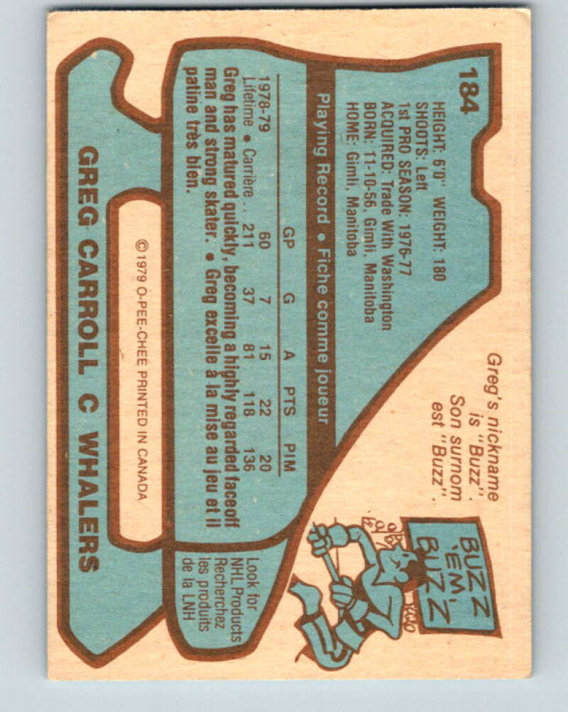 1979-80 O-Pee-Chee #184 Greg Carroll RC Rookie Hartford Whalers V18457