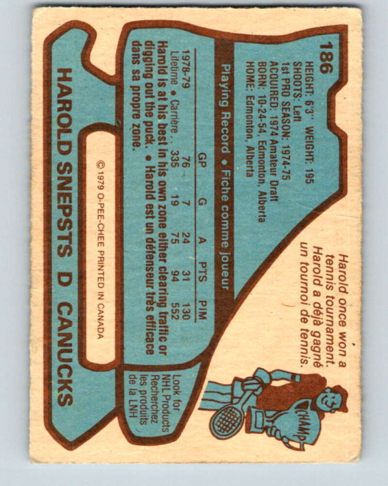 1979-80 O-Pee-Chee #186 Harold Snepsts Vancouver Canucks V18469