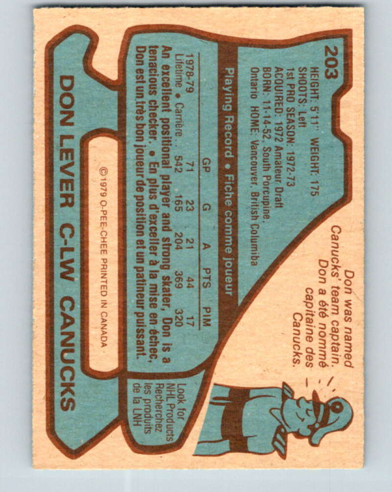 1979-80 O-Pee-Chee #203 Don Lever Vancouver Canucks V18661