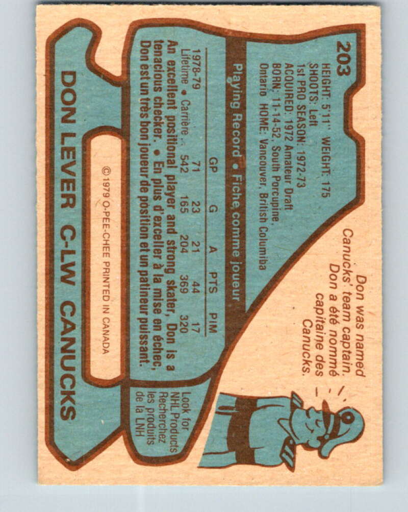 1979-80 O-Pee-Chee #203 Don Lever Vancouver Canucks V18663