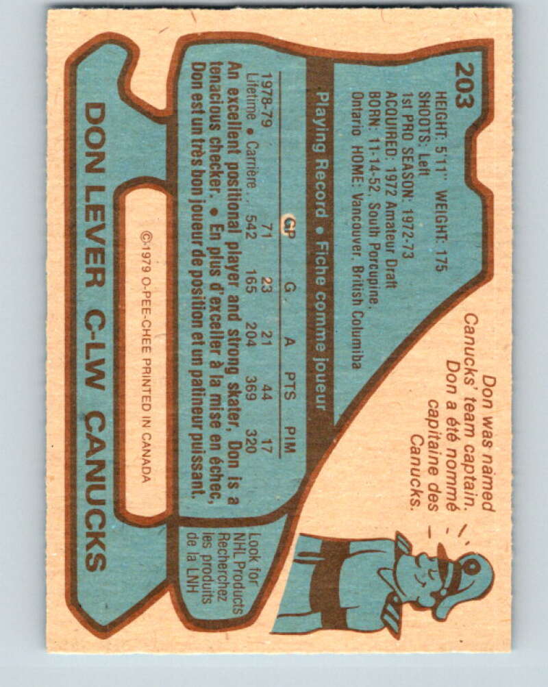 1979-80 O-Pee-Chee #203 Don Lever Vancouver Canucks V18667