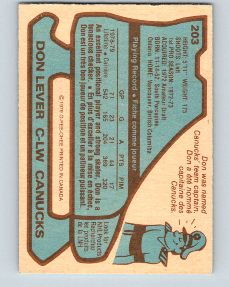 1979-80 O-Pee-Chee #203 Don Lever Vancouver Canucks V18668