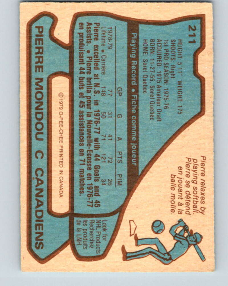 1979-80 O-Pee-Chee #211 Pierre Mondou Montreal Canadiens V18723