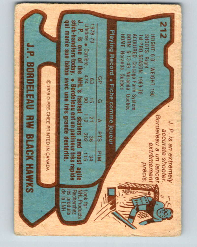 1979-80 O-Pee-Chee #212 J.P. Bordeleau Chicago Blackhawks V18733