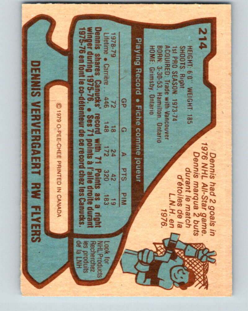 1979-80 O-Pee-Chee #214 Dennis Ververgaert Philadelphia Flyers V18747