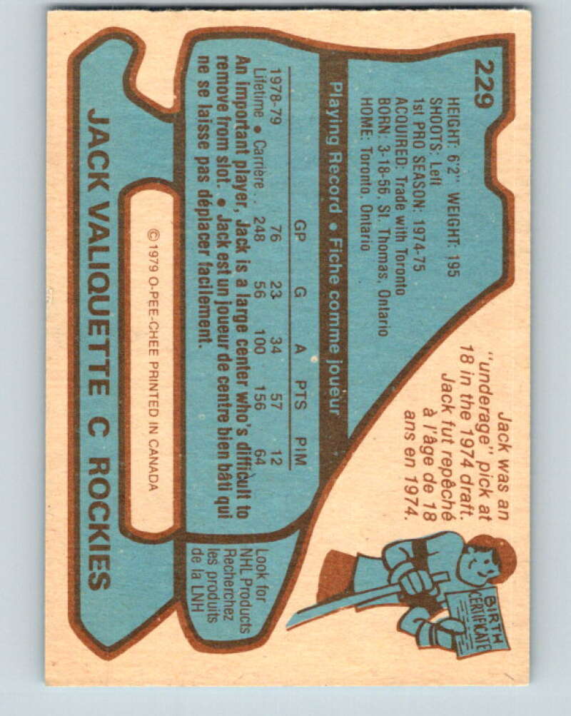 1979-80 O-Pee-Chee #229 Jack Valiquette Colorado Rockies V18929