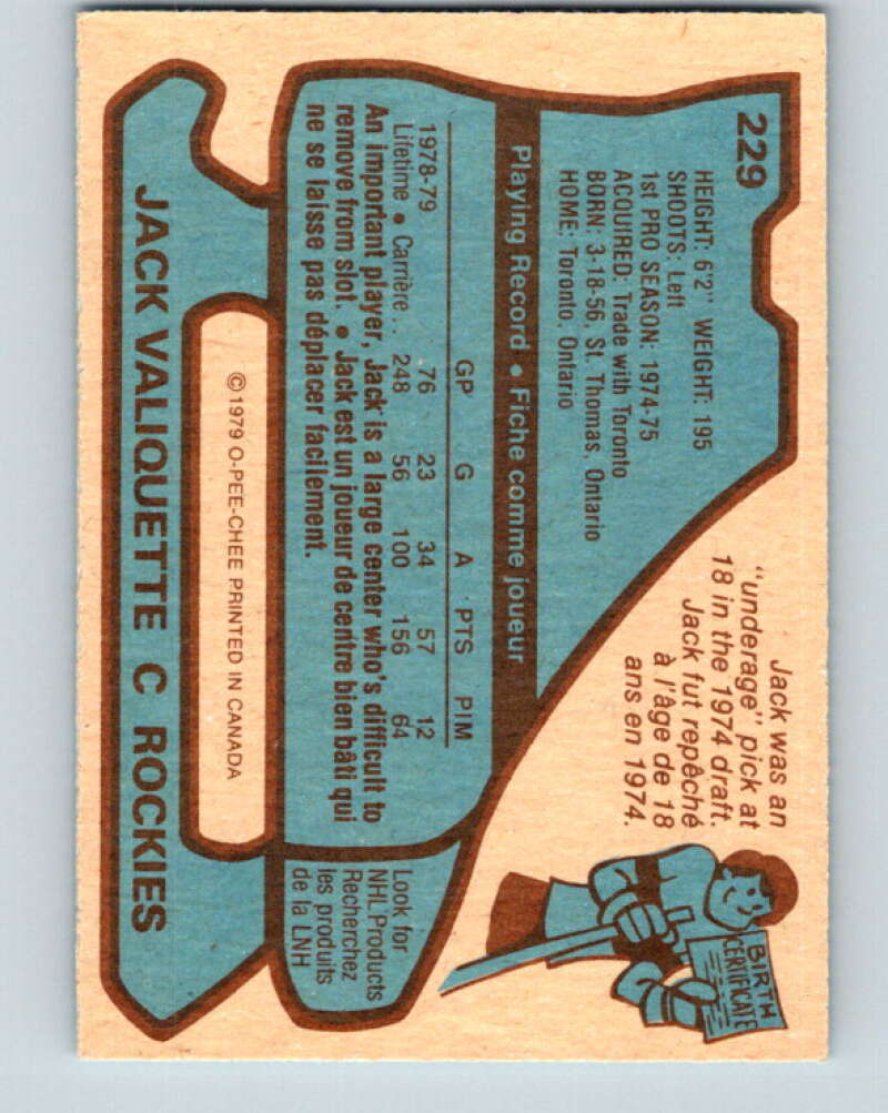 1979-80 O-Pee-Chee #229 Jack Valiquette Colorado Rockies V18930