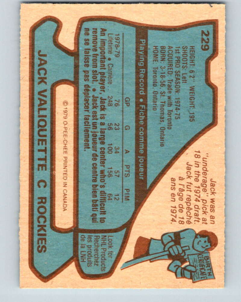 1979-80 O-Pee-Chee #229 Jack Valiquette Colorado Rockies V18931