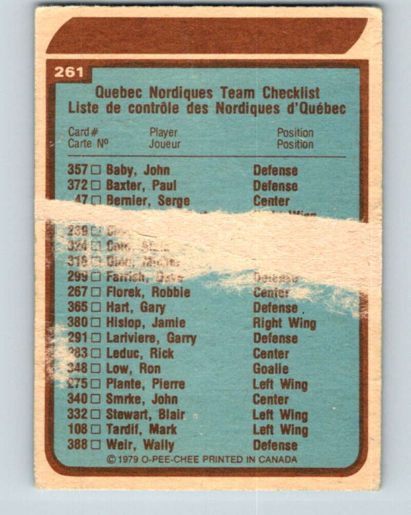 1979-80 O-Pee-Chee #261 Nordiques Team CL Quebec Nordiques V19260