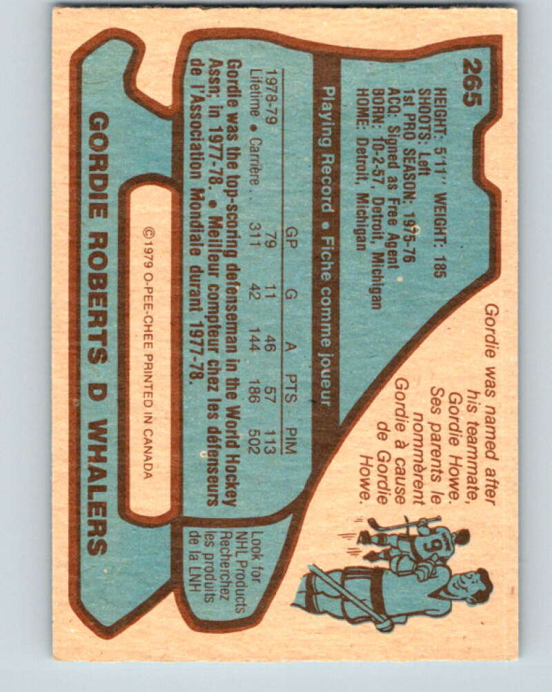 1979-80 O-Pee-Chee #265 Gordie Roberts RC Rookie Hartford Whalers V19294