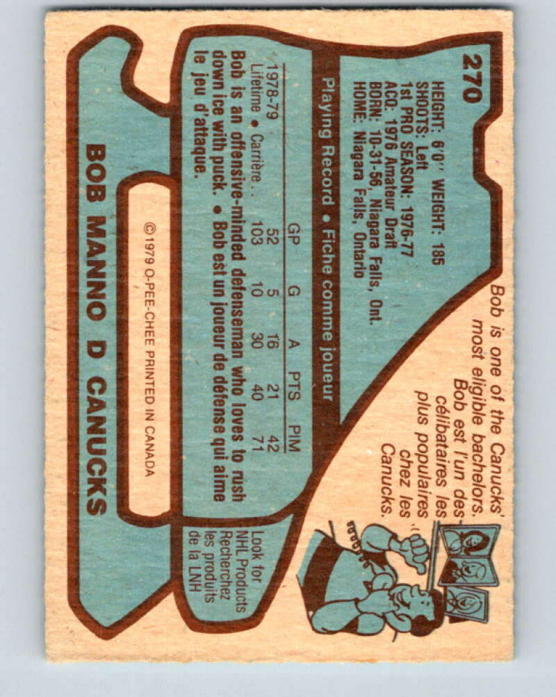 1979-80 O-Pee-Chee #270 Bob Manno Vancouver Canucks V19341