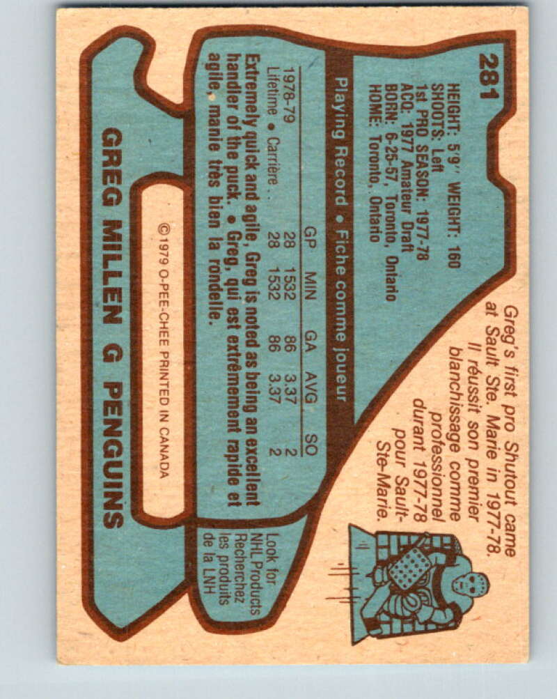 1979-80 O-Pee-Chee #281 Greg Millen RC Rookie Pittsburgh Penguins V19438