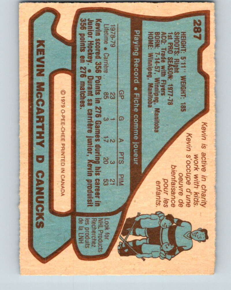 1979-80 O-Pee-Chee #287 Kevin McCarthy RC Rookie Canucks V19503
