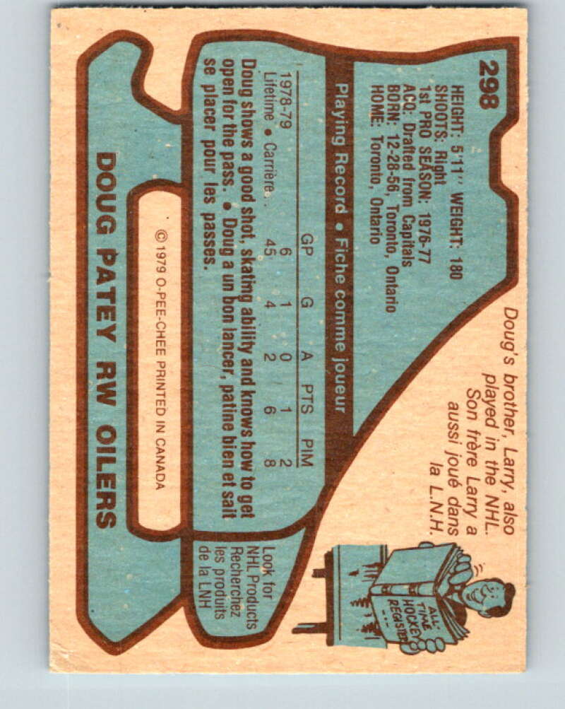 1979-80 O-Pee-Chee #298 Doug Patey RC Rookie Edmonton Oilers V19614