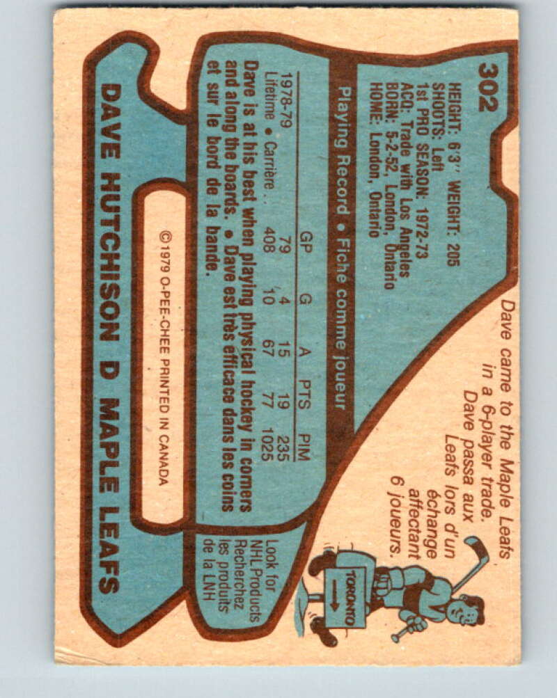 1979-80 O-Pee-Chee #302 Dave Hutchison Toronto Maple Leafs V19638