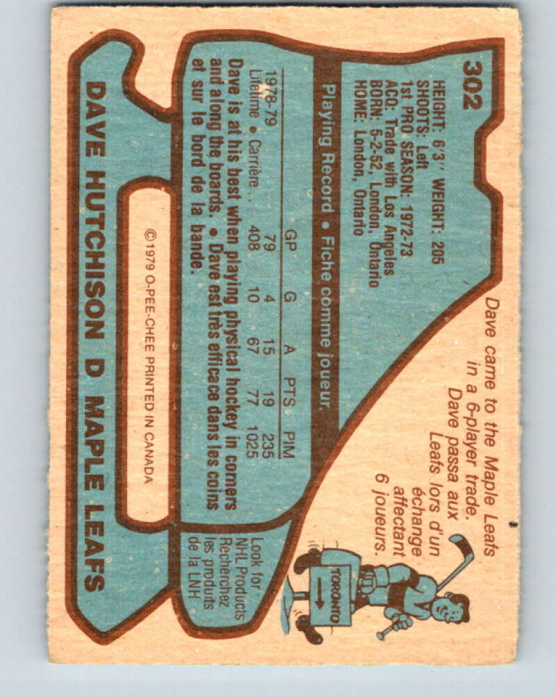 1979-80 O-Pee-Chee #302 Dave Hutchison Toronto Maple Leafs V19643