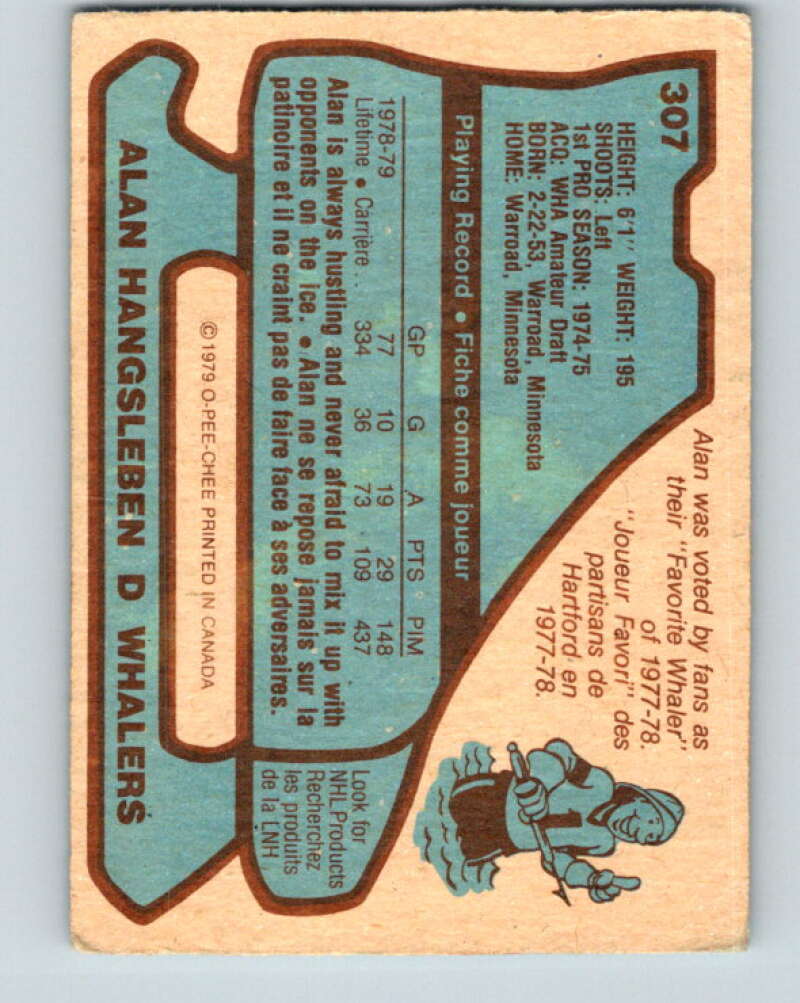 1979-80 O-Pee-Chee #307 Alan Hangsleben RC Rookie Hartford Whalers V19695