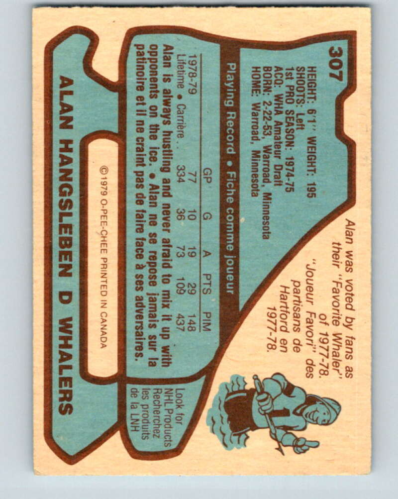 1979-80 O-Pee-Chee #307 Alan Hangsleben RC Rookie Hartford Whalers V19699
