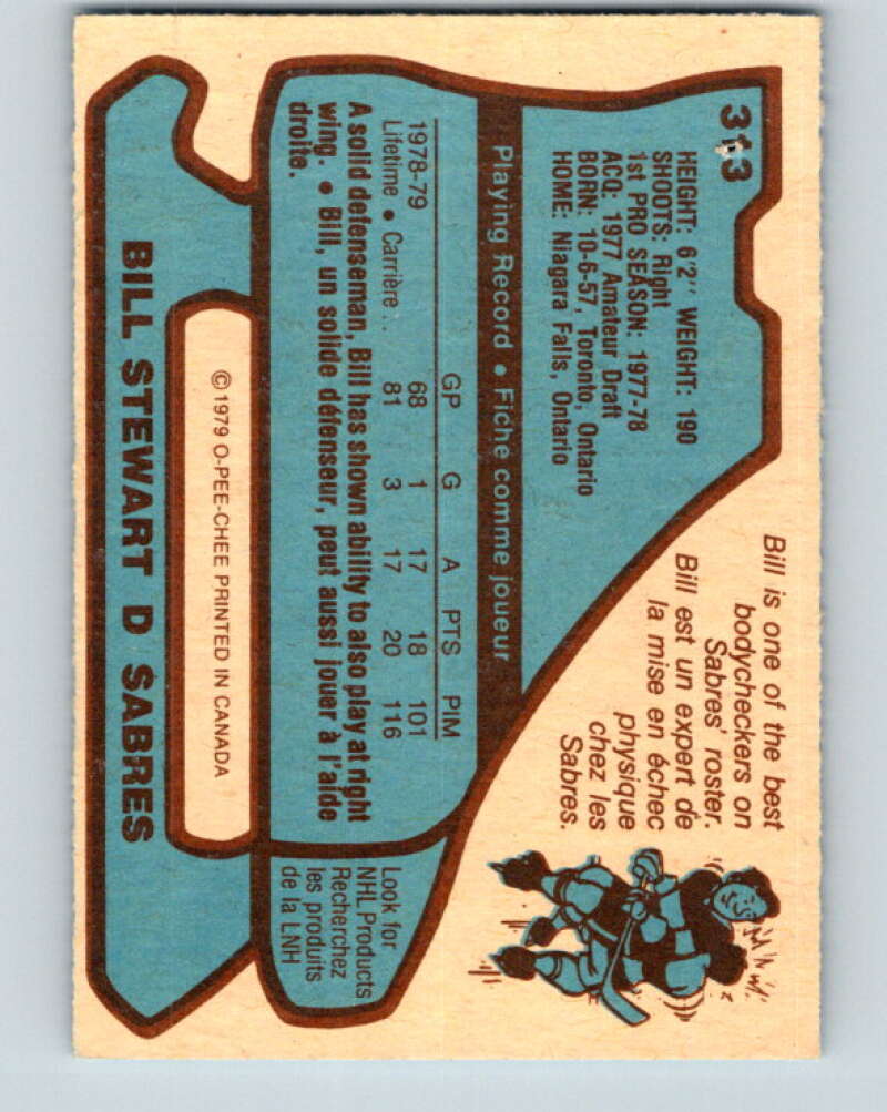 1979-80 O-Pee-Chee #313 Bill Stewart RC Rookie Buffalo Sabres V19755