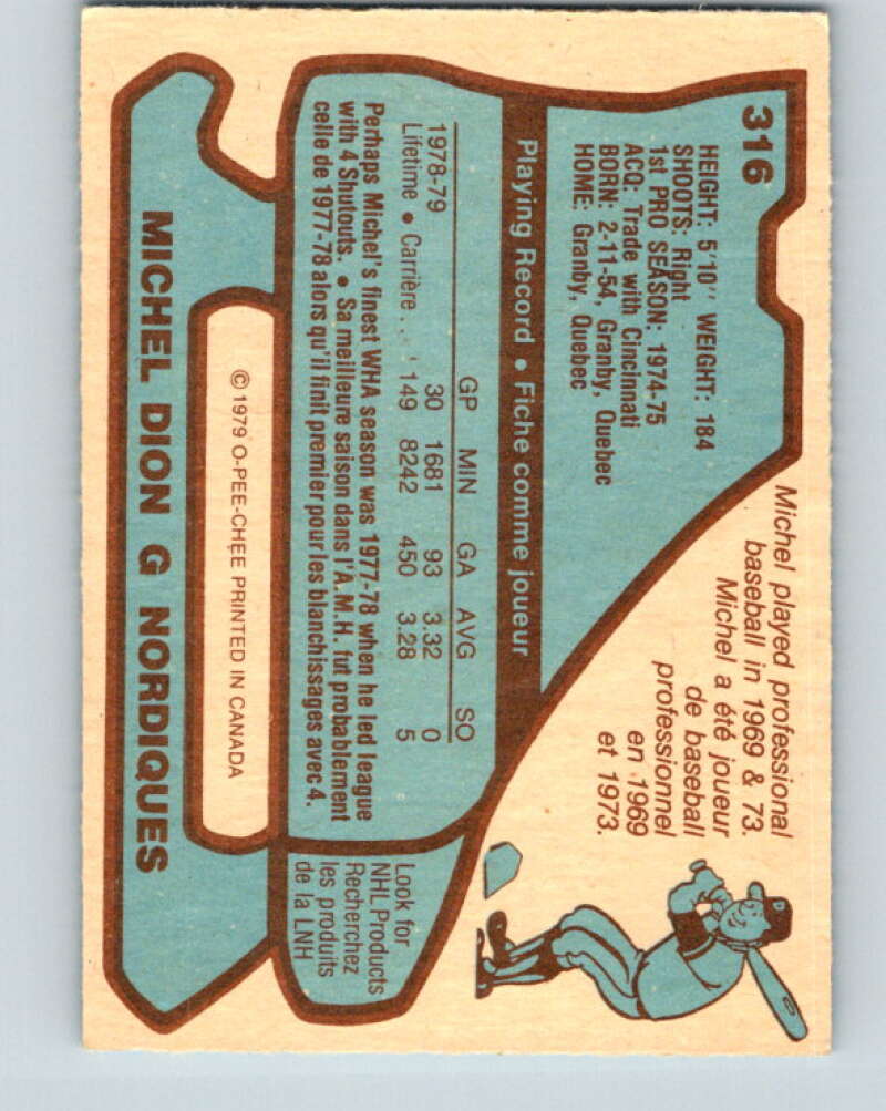 1979-80 O-Pee-Chee #316 Michel Dion Quebec Nordiques V19784