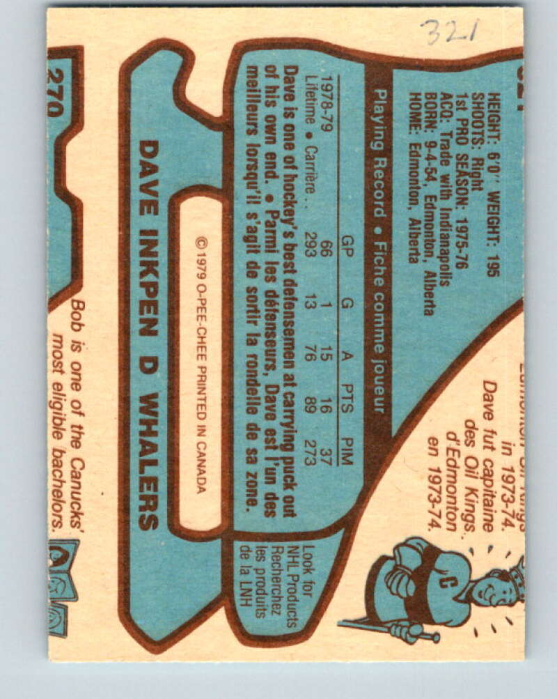 1979-80 O-Pee-Chee #321 Dave Inkpen Hartford Whalers V20012