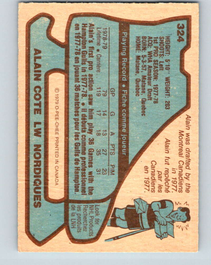 1979-80 O-Pee-Chee #324 Alain Cote RC Rookie Quebec Nordiques V20028