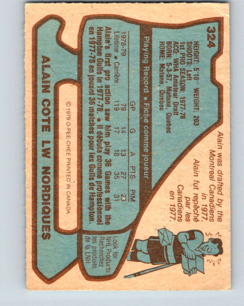 1979-80 O-Pee-Chee #324 Alain Cote RC Rookie Quebec Nordiques V20029
