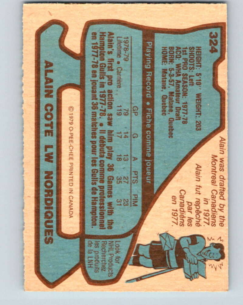 1979-80 O-Pee-Chee #324 Alain Cote RC Rookie Quebec Nordiques V20031