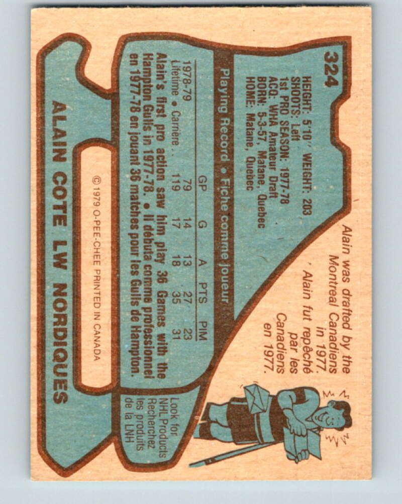 1979-80 O-Pee-Chee #324 Alain Cote RC Rookie Quebec Nordiques V20034