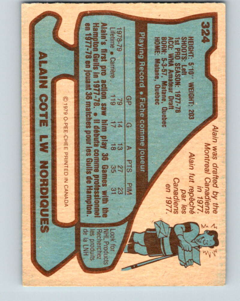 1979-80 O-Pee-Chee #324 Alain Cote RC Rookie Quebec Nordiques V20035