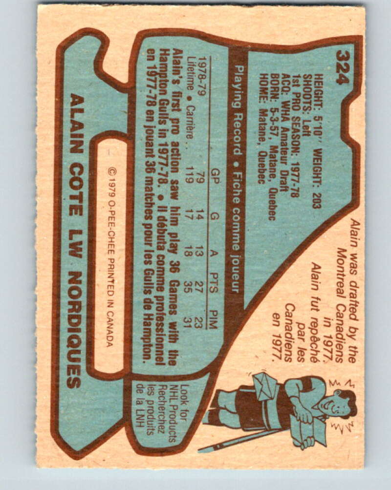 1979-80 O-Pee-Chee #324 Alain Cote RC Rookie Quebec Nordiques V20037