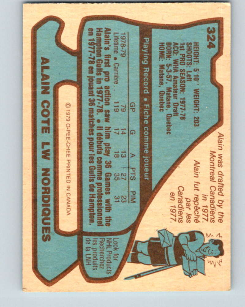 1979-80 O-Pee-Chee #324 Alain Cote RC Rookie Quebec Nordiques V20038