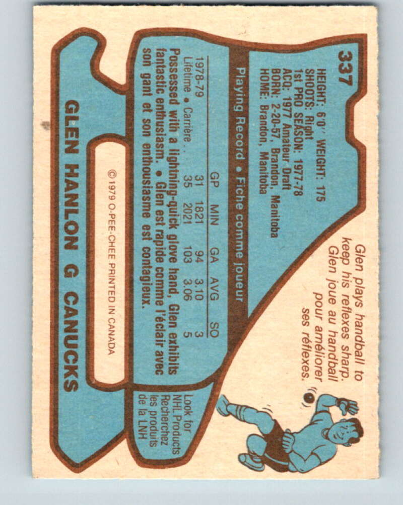 1979-80 O-Pee-Chee #337 Glen Hanlon RC Rookie Vancouver Canucks V20184