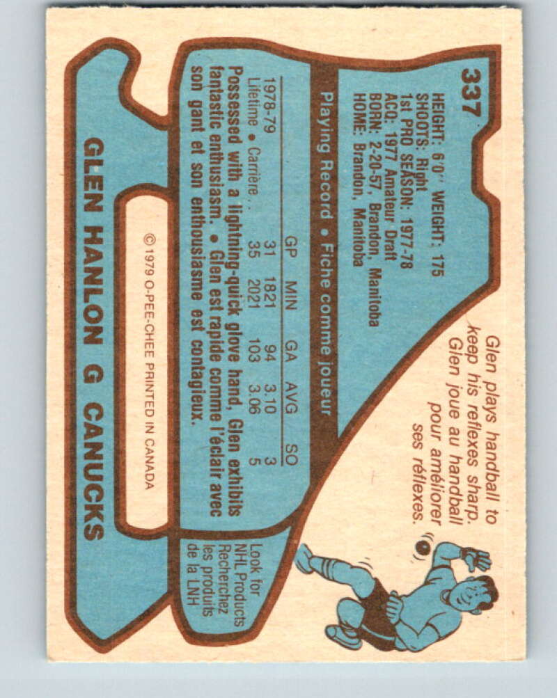 1979-80 O-Pee-Chee #337 Glen Hanlon RC Rookie Vancouver Canucks V20185